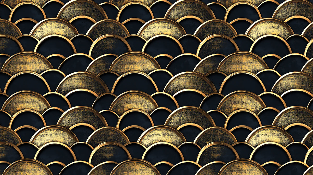 Golden Fan Scales Wallpaper ¨C Textured Art Deco Mural in Black and Bronze