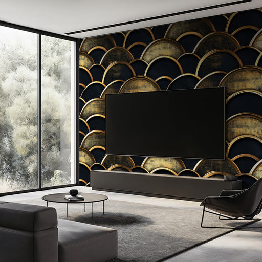 Golden Fan Scales Wallpaper ¨C Textured Art Deco Mural in Black and Bronze