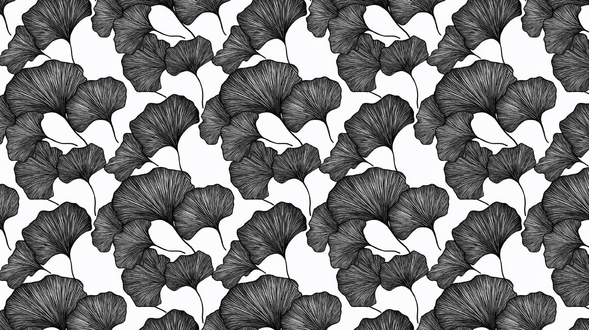 Charcoal Sketch Ginkgo Wallpaper ¨C Hand-Drawn Botanical Mural in Black on Grey