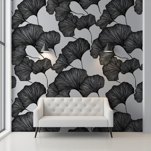 Charcoal Sketch Ginkgo Wallpaper ¨C Hand-Drawn Botanical Mural in Black on Grey