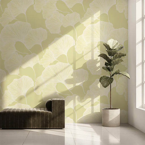 Soft Ginkgo Glow Wallpaper ¨C Light Yellow Botanical Mural with Natural Elegance