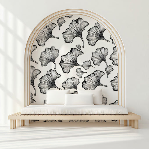 Elegant Arched Ginkgo Wallpaper ¨C Artistic Botanical Mural in Black & White