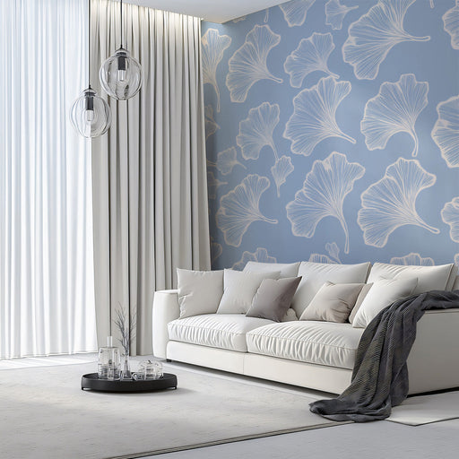 Cool Mist Ginkgo Wallpaper ¨C Soft Blue Botanical Mural for Calm Spaces