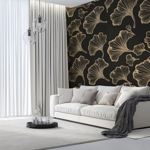 Golden Shadow Ginkgo Wallpaper ¨C Luxurious Botanical Wall in Black and Gold