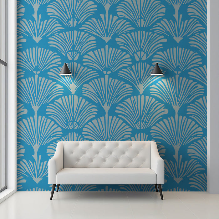 Azure Bloom Ginkgo Fan Wallpaper ¨C Bright Blue and Beige Botanical Harmony