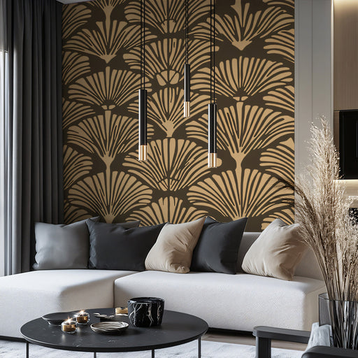 Shadow Gold Ginkgo Fan Wallpaper ¨C Black & Beige Luxury Accent