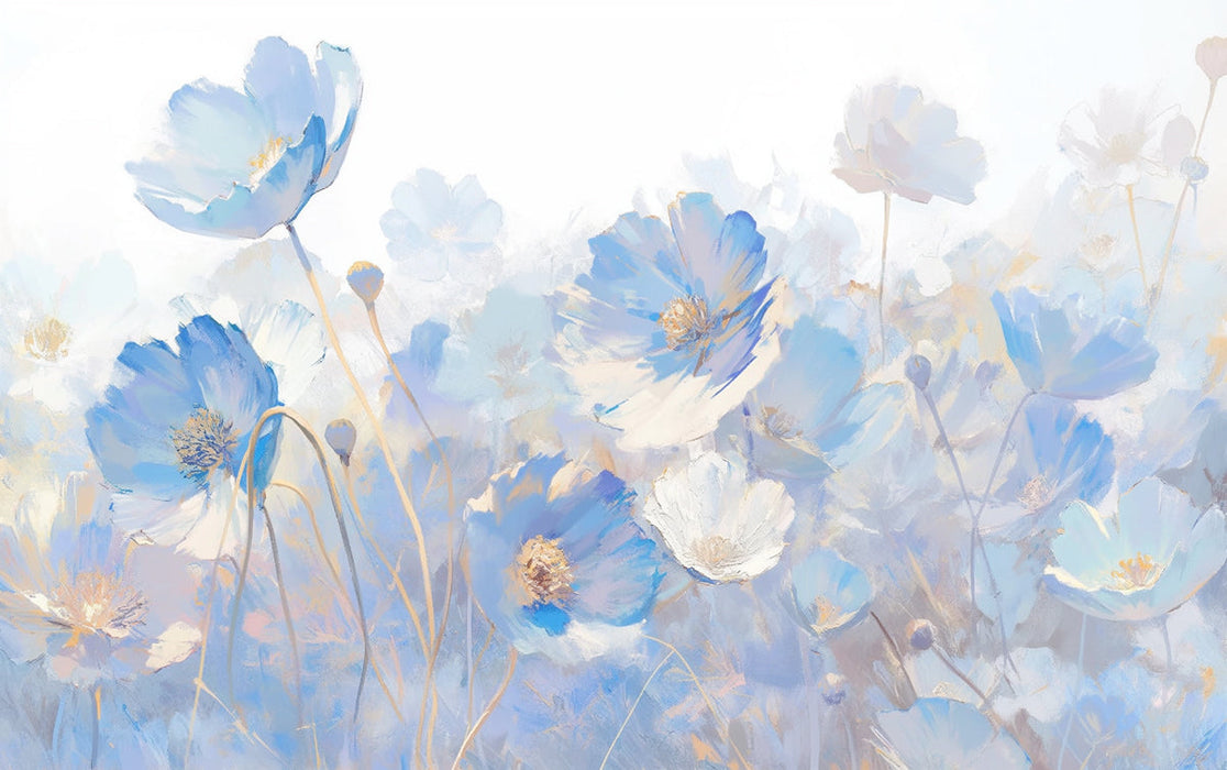 Blue Flower Field Mural Wallpaper for a living room | Blue Beige and Brown Flower