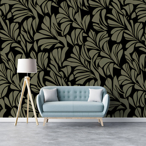 Olive Shadow Botanical Wallpaper ¨C Black and Army Green Leaf Design