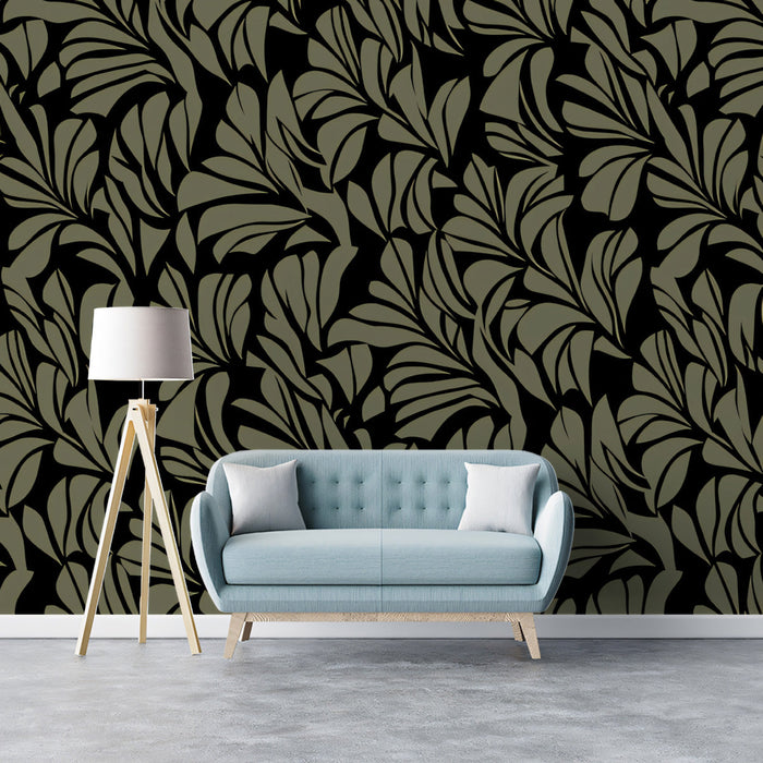Olive Shadow Botanical Wallpaper ¨C Black and Army Green Leaf Design