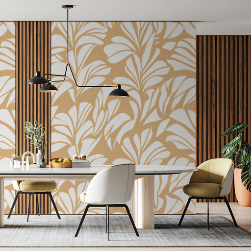 Caramel Leaf Dance Wallpaper ¨C Warm Beige and White Botanical Harmony