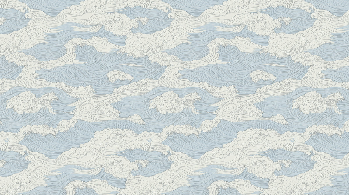 Abstract Wave Mural Wallpaper | Soft Blue with Cream Ocean Swirl Pattern