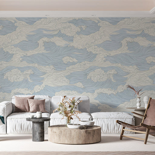 Abstract Wave Mural Wallpaper | Soft Blue with Cream Ocean Swirl Pattern
