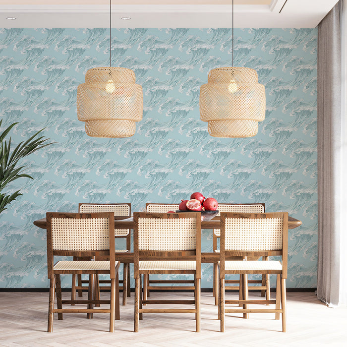 Japanese Ocean Mural Wallpaper | Aqua Blue and White Hokusai-Inspired Wave Print
