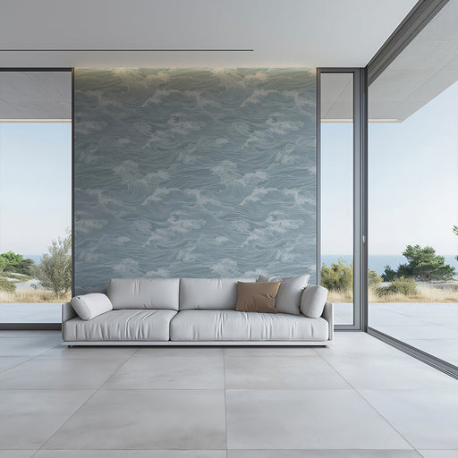Coastal Breeze Mural Wallpaper | Dusty Blue and White Flowing Wave Pattern