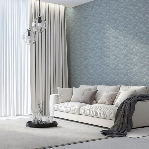 Coastal Breeze Mural Wallpaper | Dusty Blue and White Flowing Wave Pattern