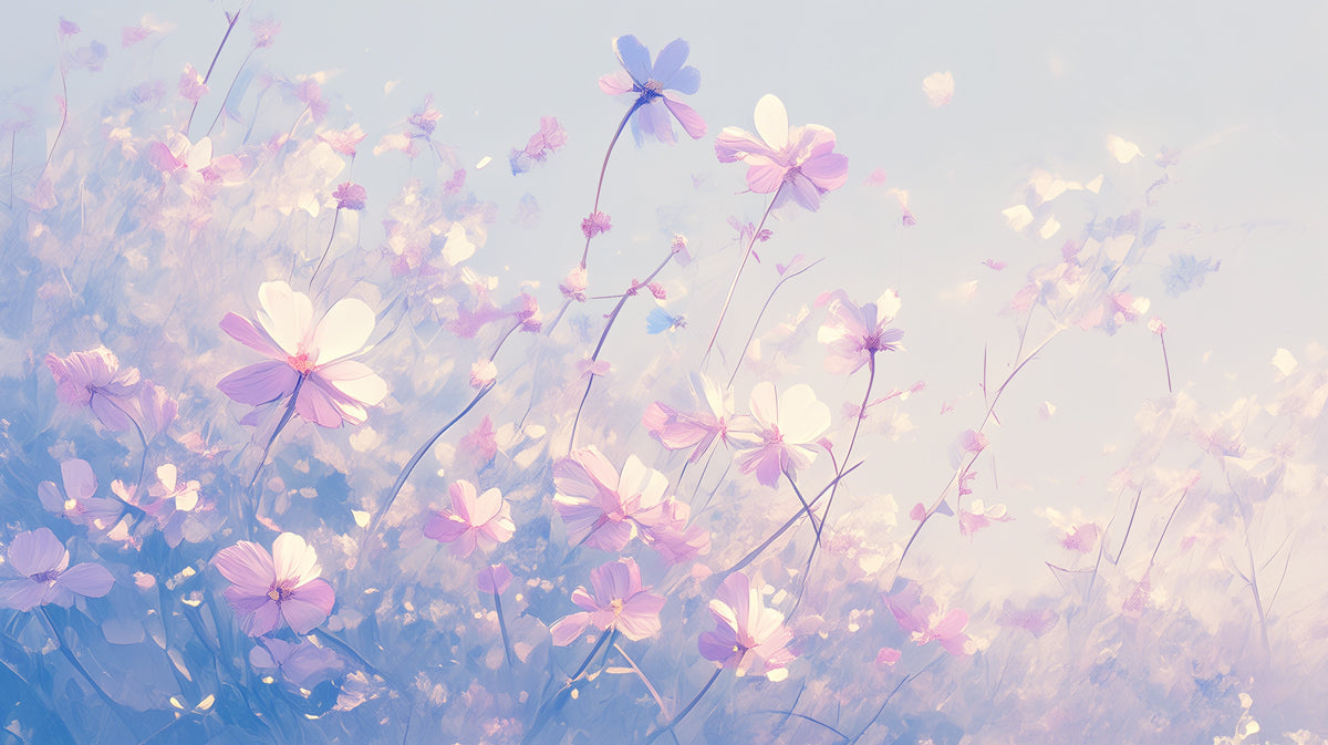 Papier peint mural champ de fleurs roses et violettes | Fleurs roses, violettes, bleues et blanches