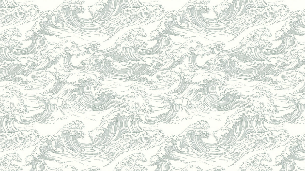 Stormwave Line Art Mural Wallpaper | Sage on Ivory Wave Pattern