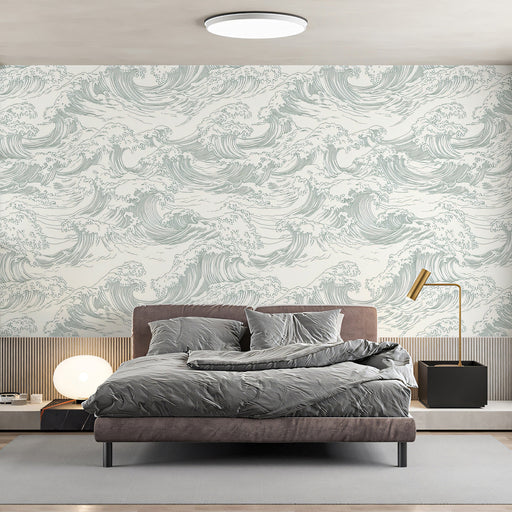 Stormwave Line Art Mural Wallpaper | Sage on Ivory Wave Pattern