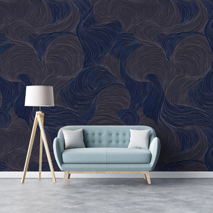 Deep Wave Swirl Mural Wallpaper | Navy Blue and Charcoal Flow Pattern