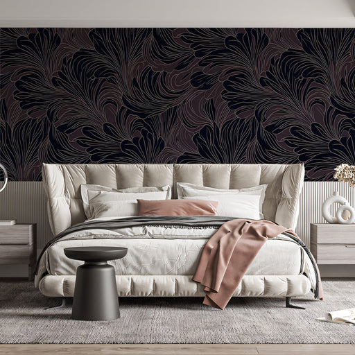 Midnight Bloom Wave Mural Wallpaper | Black and Plum with Delicate Line Accents