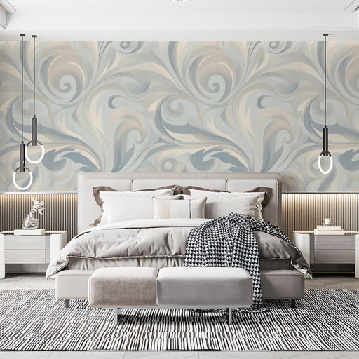 Marble Tide Mural Wallpaper | Soft Beige and Slate Blue Elegant Curl Design