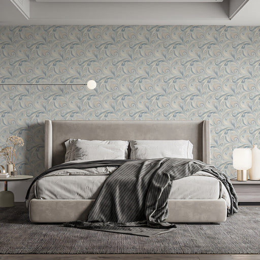 Marble Tide Mural Wallpaper | Soft Beige and Slate Blue Elegant Curl Design