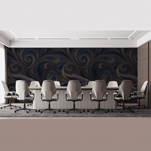 Twilight Curl Swirl Mural Wallpaper | Charcoal and Navy Dramatic Boardroom Accent