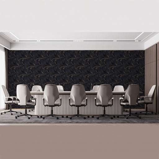 Twilight Curl Swirl Mural Wallpaper | Charcoal and Navy Dramatic Boardroom Accent