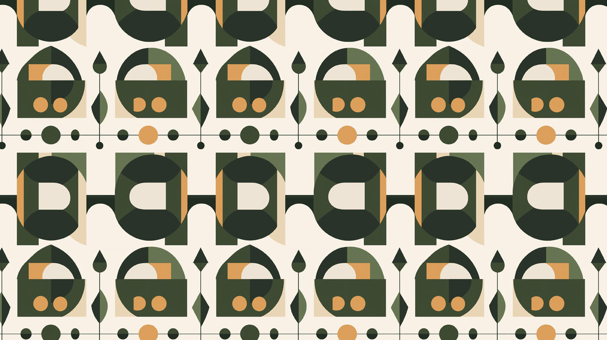 Modern Retro Pattern Mural Wallpaper | Black Green Beige Geometric Blocks