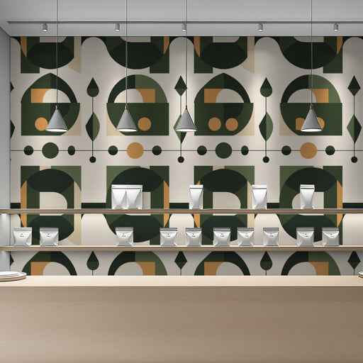 Modern Retro Pattern Mural Wallpaper | Black Green Beige Geometric Blocks