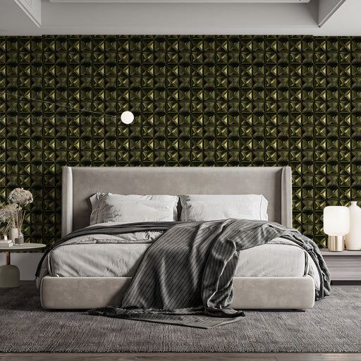 Pyramid Illusion Mural Wallpaper | Deep Olive 3D Textured Grid