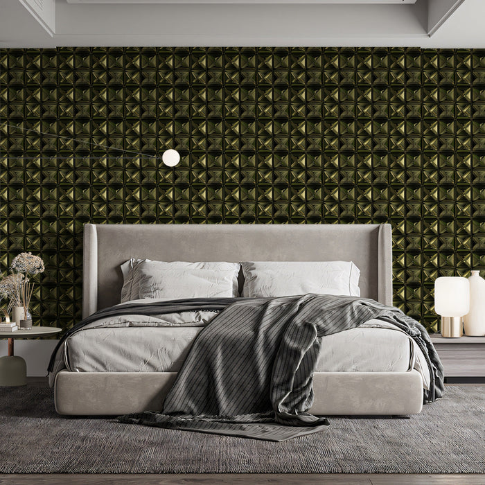 Pyramid Illusion Mural Wallpaper | Deep Olive 3D Textured Grid