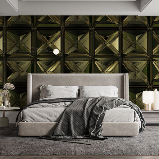 Pyramid Illusion Mural Wallpaper | Deep Olive 4D Textured Grid