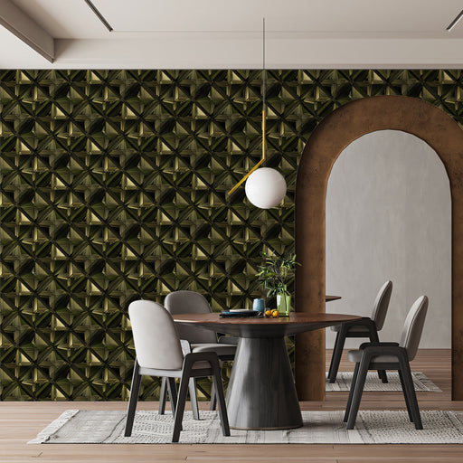 Pyramid Illusion Mural Wallpaper | Deep Olive 5D Textured Grid