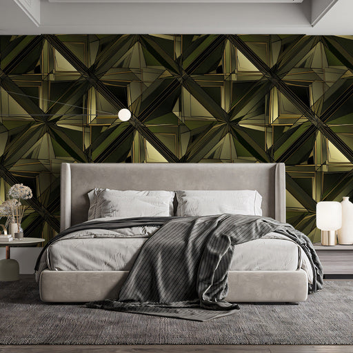 Pyramid Illusion Mural Wallpaper | Deep Olive 6D Textured Grid