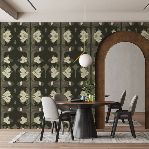 Vintage Botanical Mural Wallpaper | Olive Green Floral Pattern