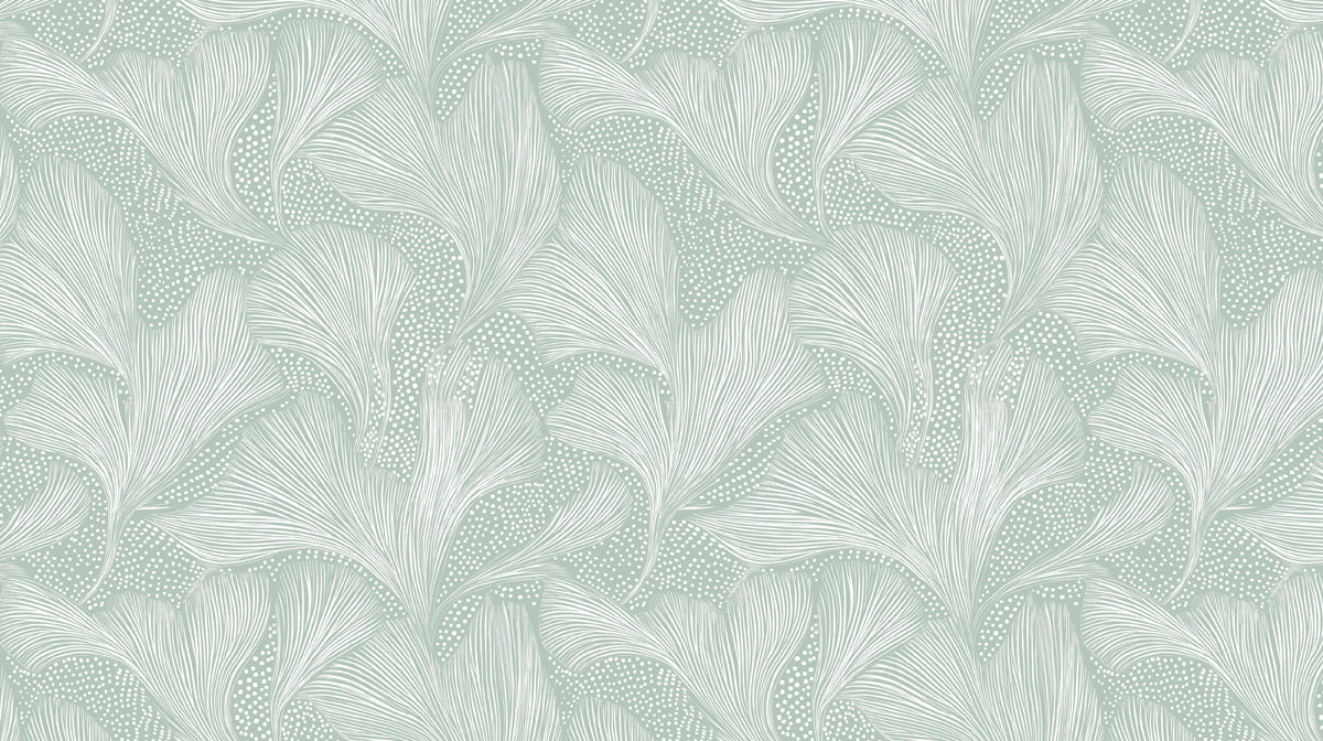 Abstract Ginkgo Mural Wallpaper | Mint Green and White Flowing Leaves