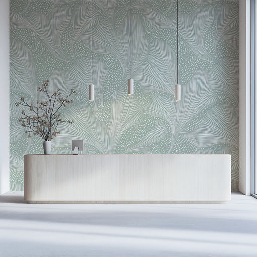 Abstract Ginkgo Mural Wallpaper | Mint Green and White Flowing Leaves