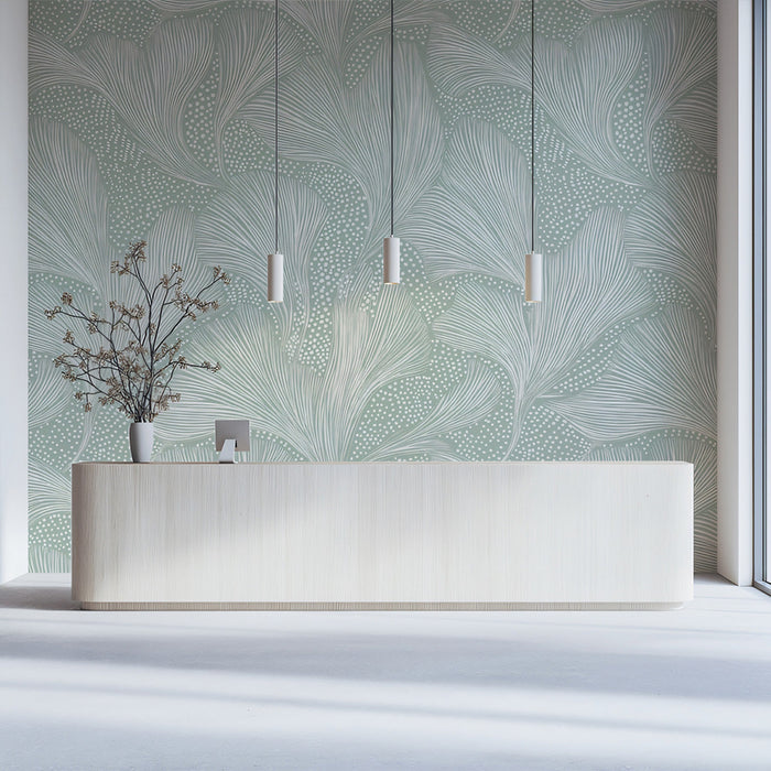 Abstract Ginkgo Mural Wallpaper | Mint Green and White Flowing Leaves