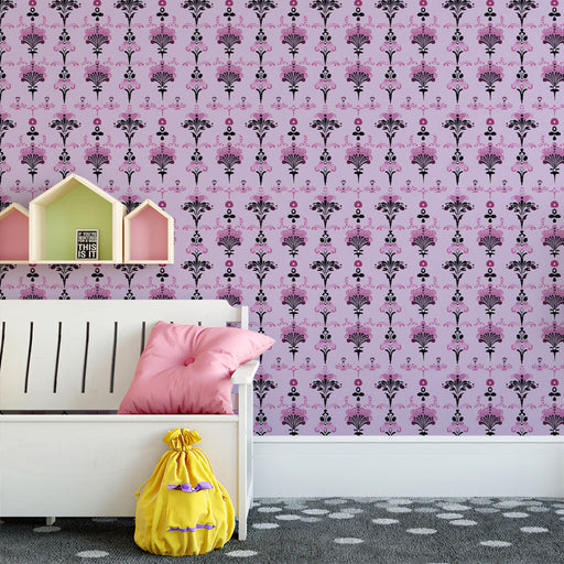 Playful Floral Bloom Mural Wallpaper | Pink and Black Pattern With Whimsical Touches
