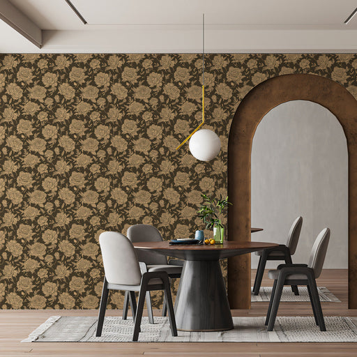 Retro Rose Mural Wallpaper | Olive and Beige Botanical Elegance