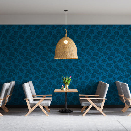 Retro Rose Mural Wallpaper | Blue and Navy Patterned Floral Accent