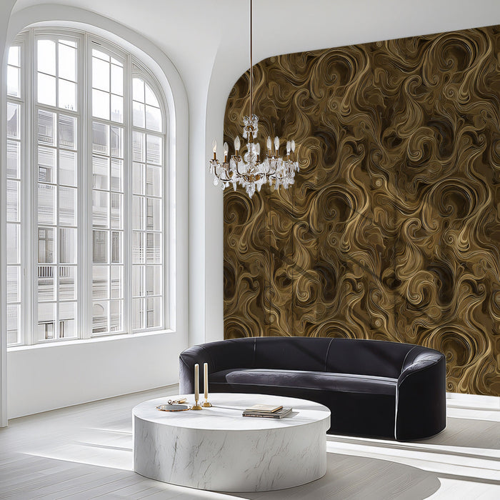 Golden Swirl Mural Wallpaper | Brown and Beige Marble-Like Pattern