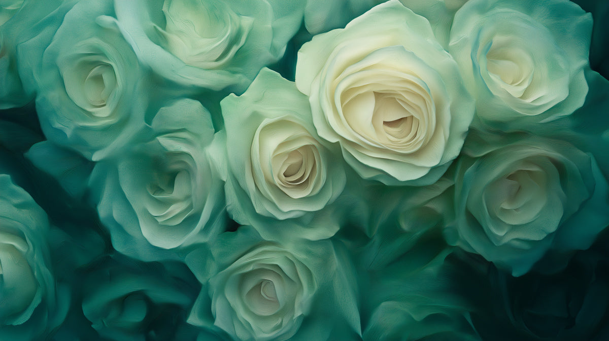 Teal and Cream Rose Mural Wallpaper, Custom Size, Peel & Stick or Premium,