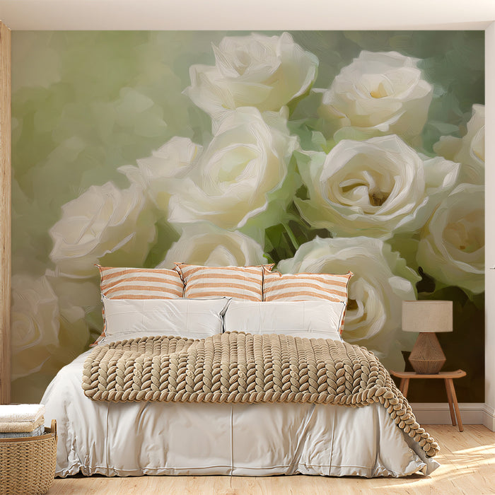 Green and Gold Mini Floral Mural Wallpaper, Classic Botanical, Custom Size, Peel & Stick, Sophisticated Wall Decor