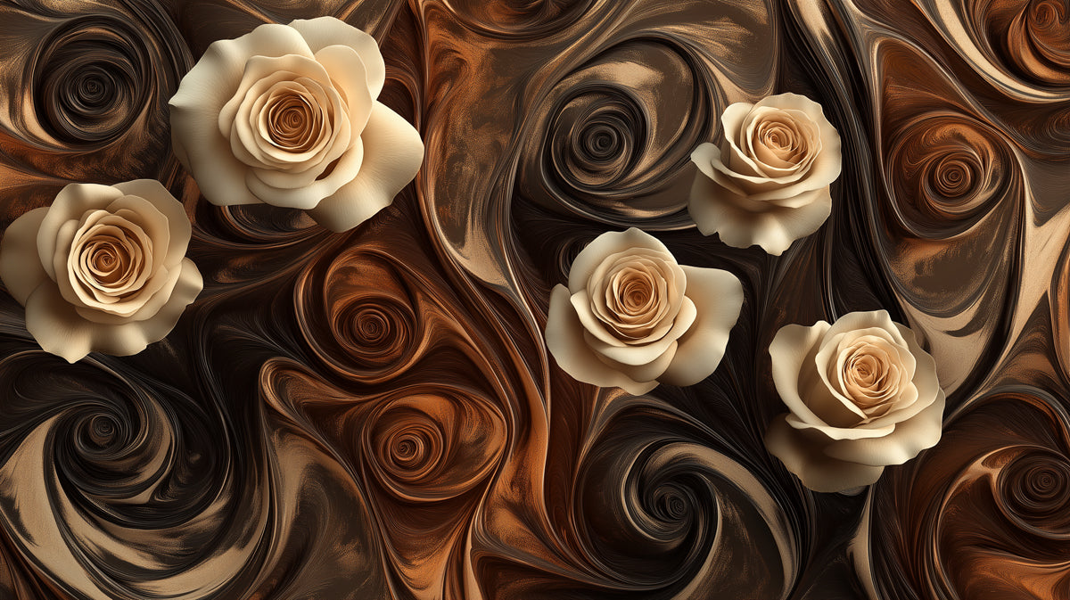 Luxury Cream Rose Mural Wallpaper, Abstract Swirl Pattern Wall Decor in Black and Bronze, Elegant Floral Art for Living Room or Bar