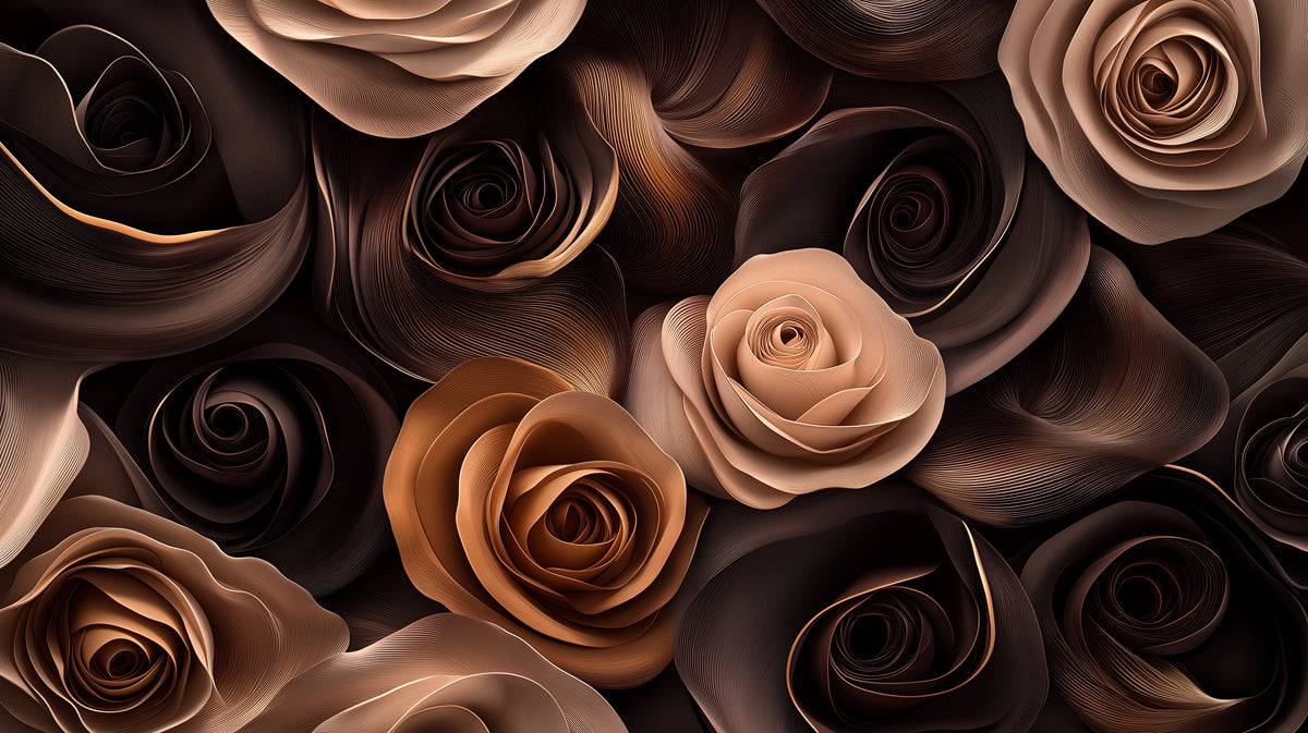Luxury Brown Rose Mural Wallpaper, Abstract Floral Wall Decor in Chocolate and Bronze, Elegant Botanical Art for Bedroom or Living Room