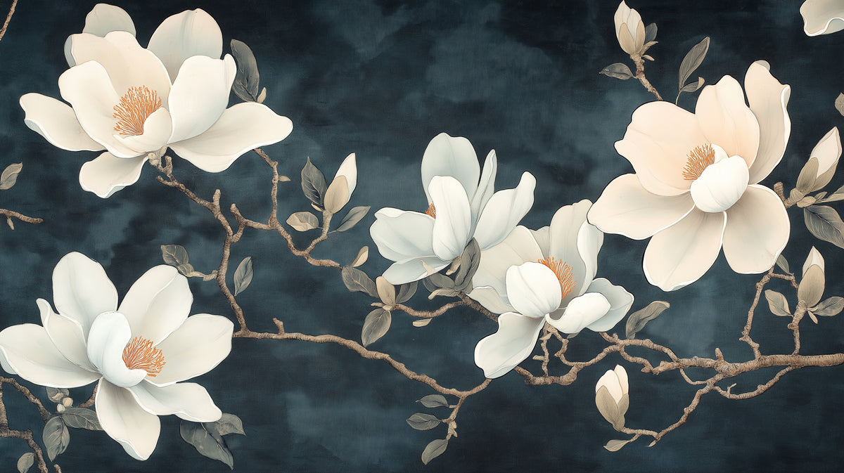 Elegante Parete Murale Magnolia, Decorazione Murale Floreale Artistica con Sfondo Scuro, Arte Botanica Intemporanea per Camera da Letto o Sala da Pranzo