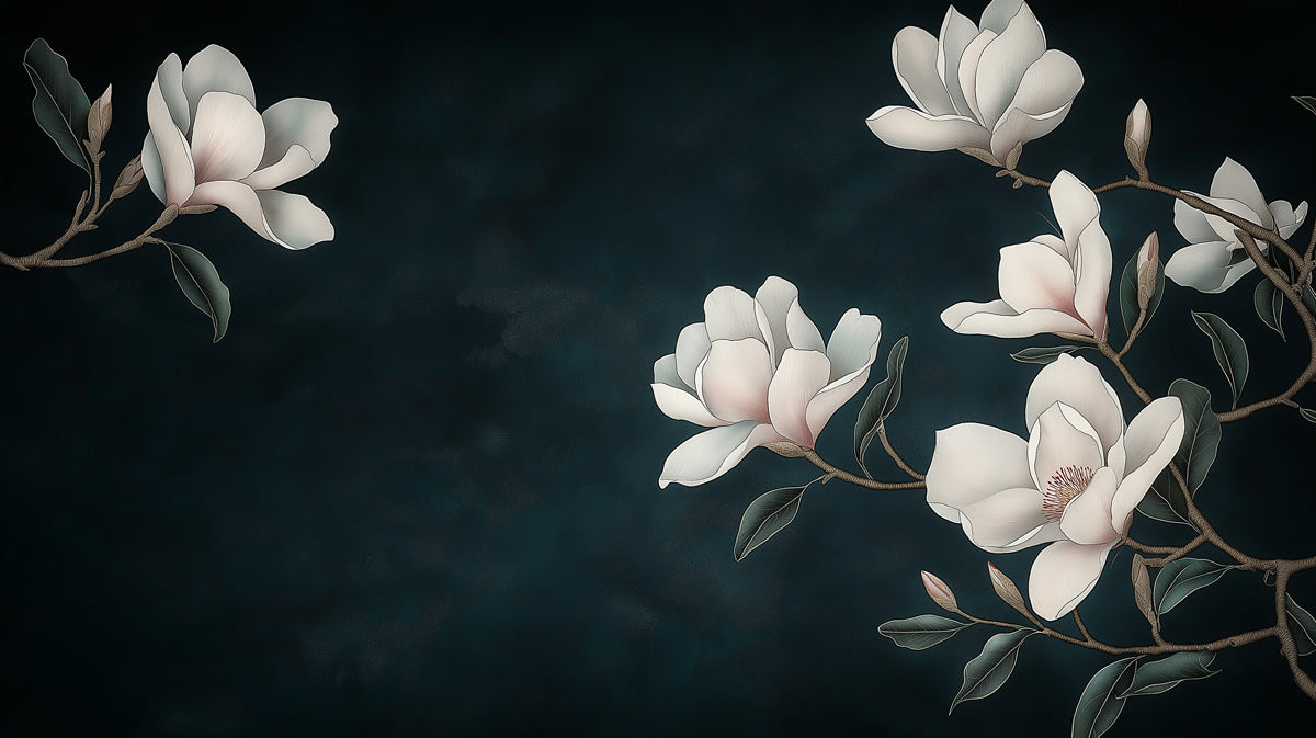 Weißer Magnolienzweig Wandgemälde Tapete, minimalistische botanische Wanddekoration, elegante Blumenkunst für Schlafzimmer, Wohnzimmer oder Flur