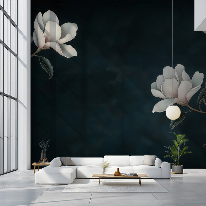 Weißer Magnolienzweig Wandgemälde Tapete, minimalistische botanische Wanddekoration, elegante Blumenkunst für Schlafzimmer, Wohnzimmer oder Flur